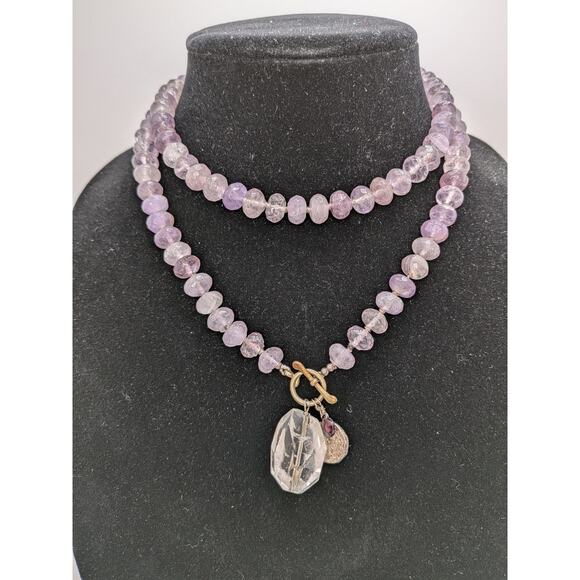 Amethyst Faceted Bead Necklace with Sterling Clasp and Crystal Pendant 34.5” - Picture 1 of 6